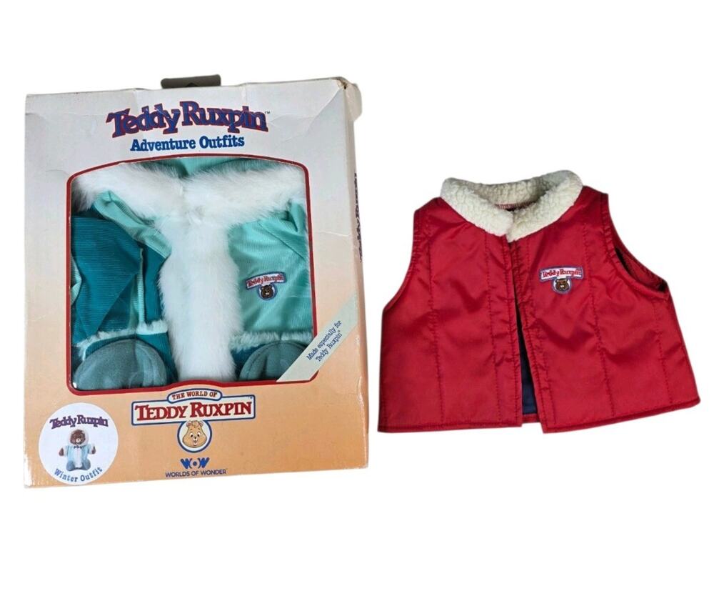 Vintage 1985 Worlds of Wonder Teddy Ruxpin Adventure Outfits Winter & Red Vest